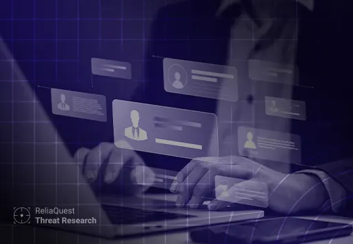 reliaquest threat research - cybercrime is hiring header image. Image depicts a man at a laptop searching through applicant profiles