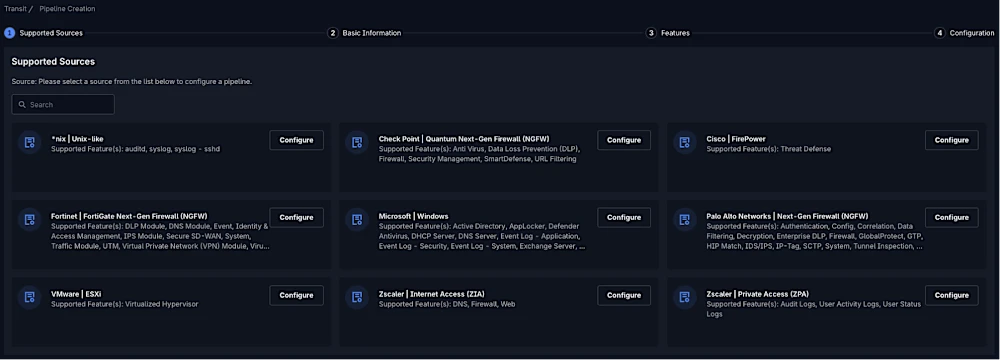 GreyMatter Transit pipeline creation ‘Supported Sources’ page listing connectors such as Palo Alto Networks NGFW, Cisco FirePower, Check Point Quantum NGFW, Microsoft Windows, Fortinet FortiGate, Zscaler, VMware ESXi, and Unix-like.