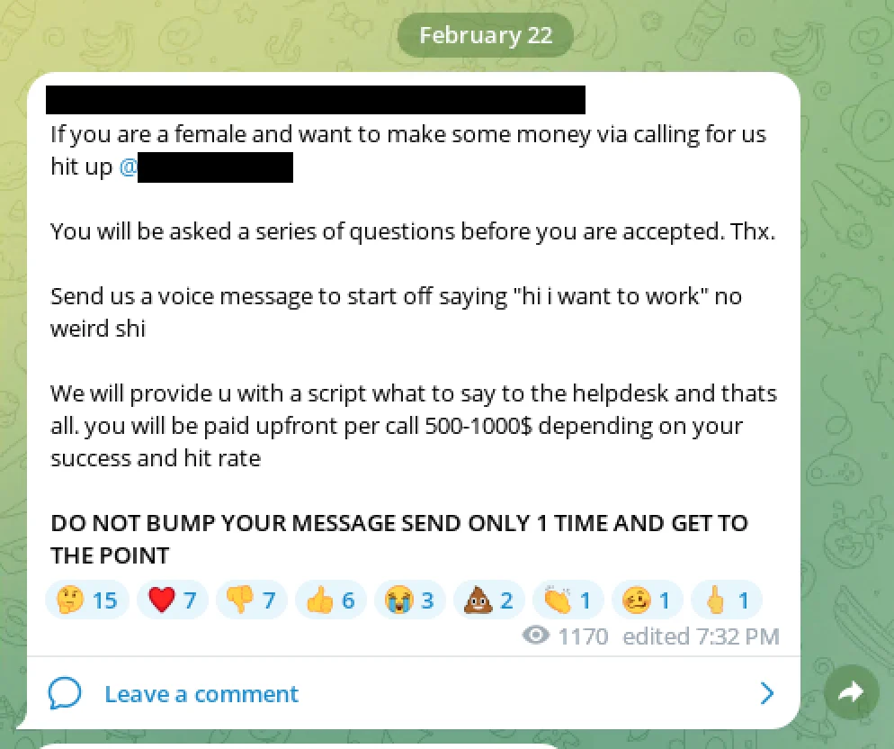 Figure 2: ShinyHunters recruiting female voice operators