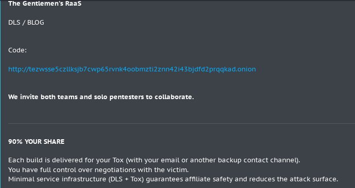 ReliaQuest Threat Research: The Gentlemen advertising for affiliates on dark-web forum