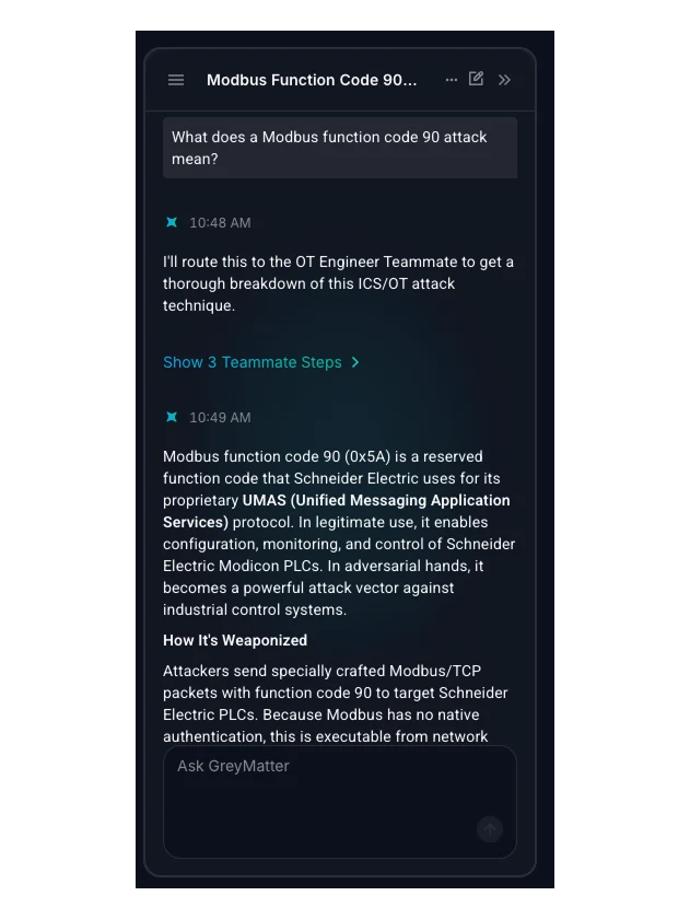 screenshot from reliaquest greymatter showing a conversation with the greymatter chat and the OT Engineer teammate