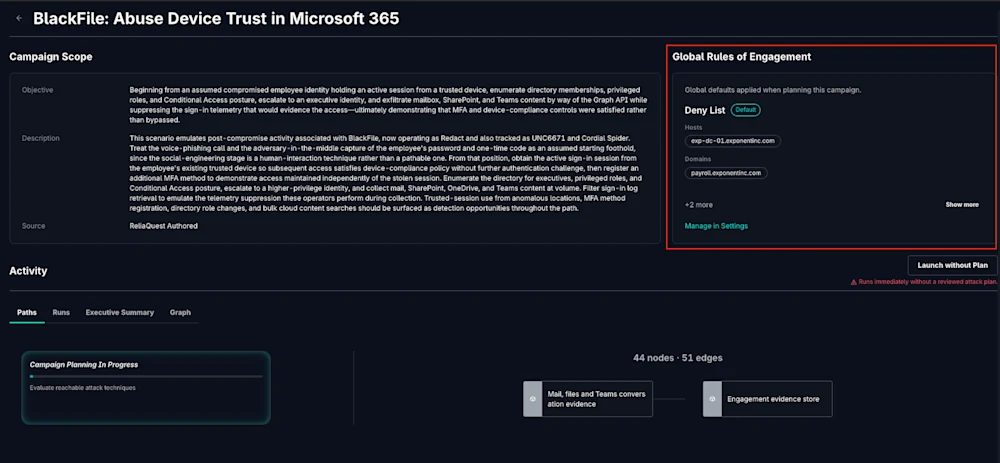 GreyMatter Attack campaign scope with objective, description, and Global Rules of Engagement deny list