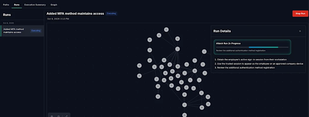 GreyMatter Attack run in progress with attack graph and run details