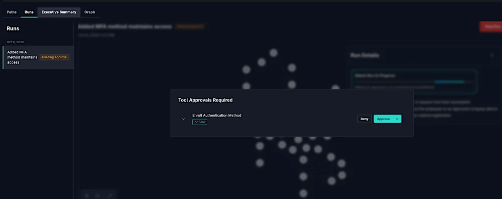 GreyMatter Attack tool approval prompt pausing the run for human approval