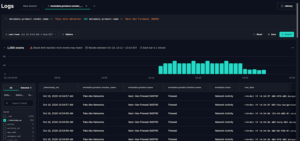 GreyMatter Logs search returning 1,000 Palo Alto Networks firewall events with an event histogram