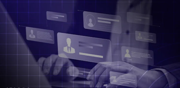 reliaquest threat research - cybercrime is hiring header image. Image depicts a man at a laptop searching through applicant profiles