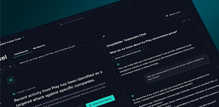 A product screen showing an ongoing chat with the GreyMatter Intel Research Teammate. The Teammate is detailing the threat posed by the Play ransomware group and determining if there has been related activity on the internal system.