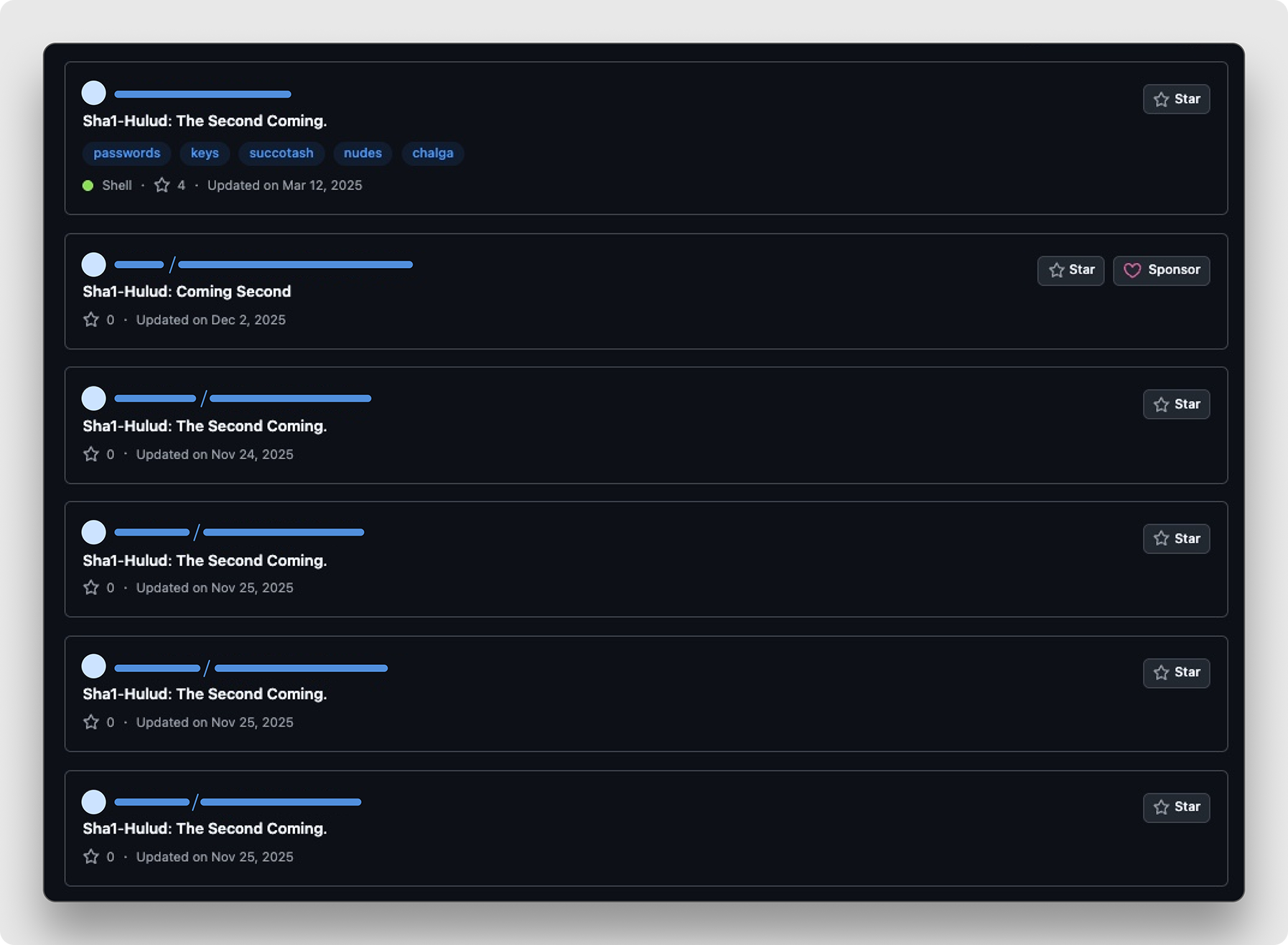 GitHub repositories used by Shai Hulud to exfiltrate and host sensitive data.