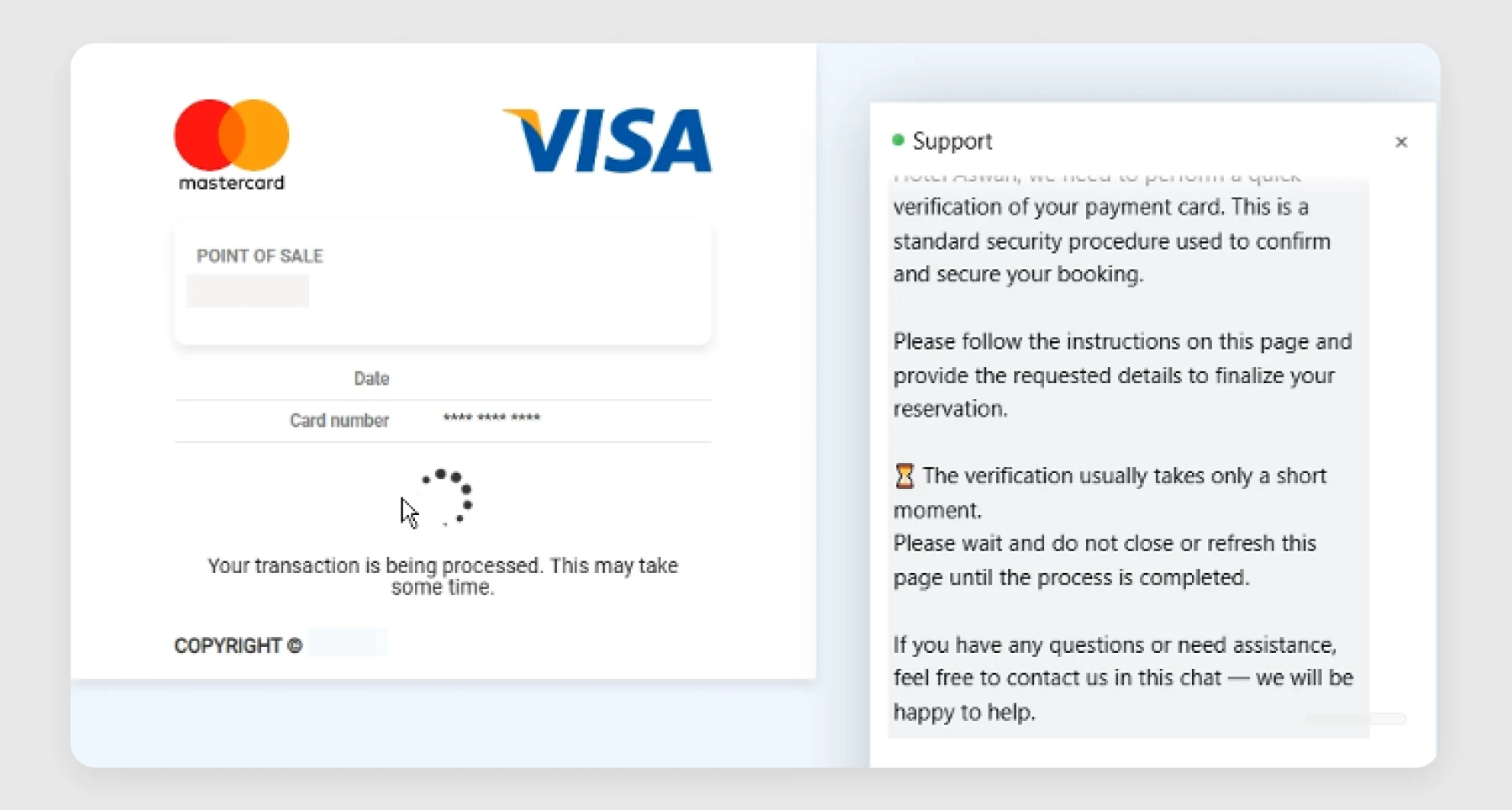 Figure 2 — Payment-processing window with automated, likely AI-generated support messages