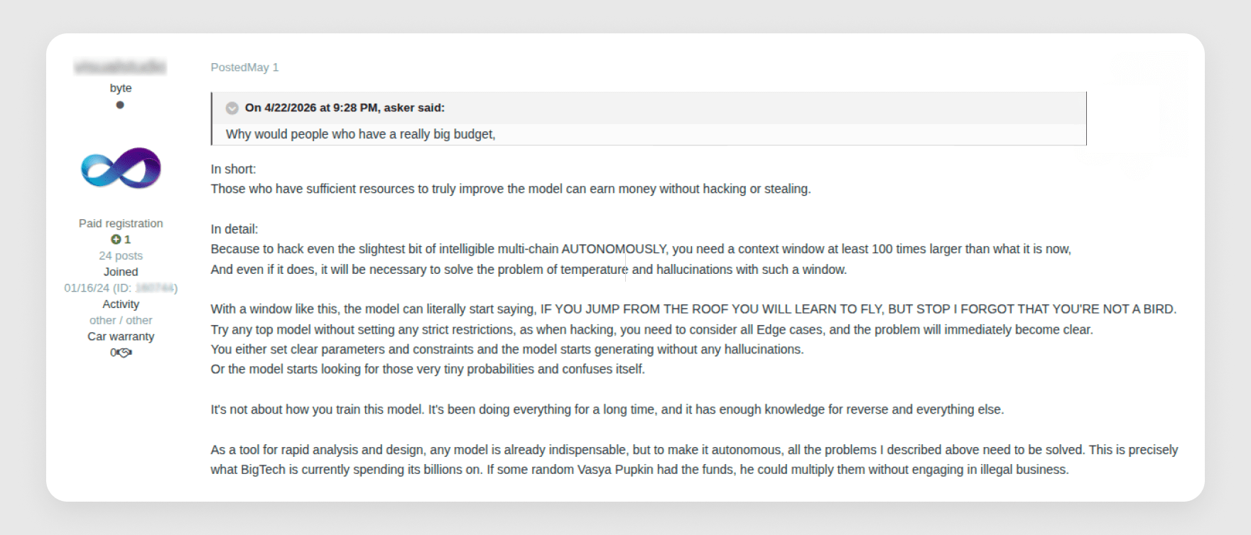 Figure 11 — User on a prominent Russian-language dark-web forum explaining why a purpose-built AI hacking tool hasn't yet been built