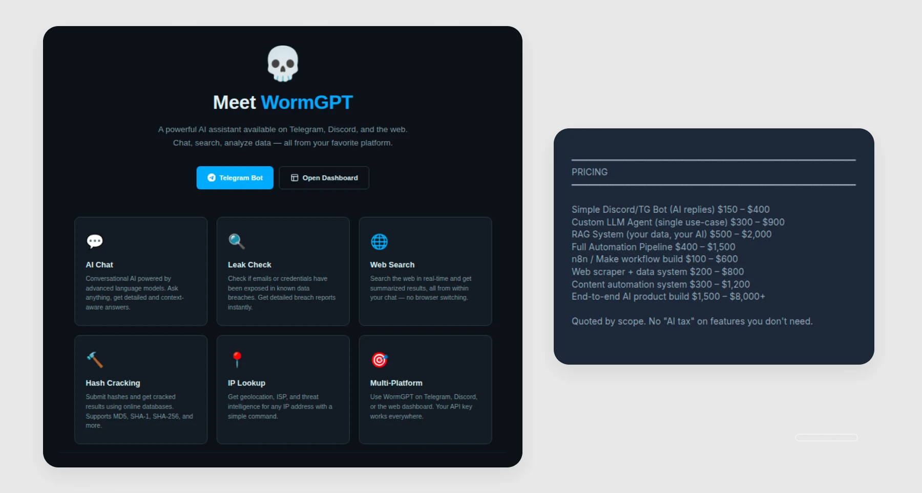 Figure 15 and Figure 16 - Capabilities built into WormGPT (left) and pricing for custom AI builds advertised on a prominent dark-web forum (right)